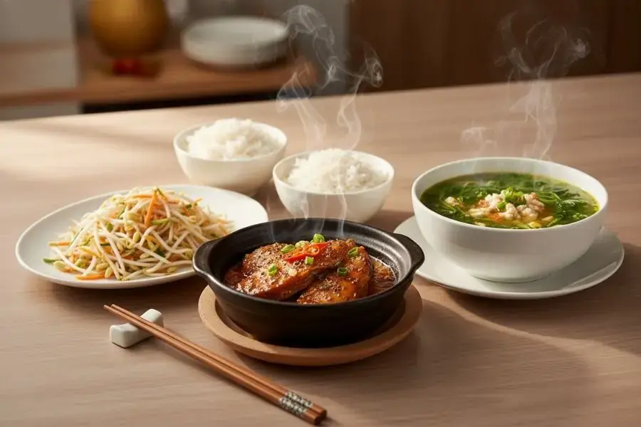 Cá kho tộ - Canh cua rau đay - Dưa giá.