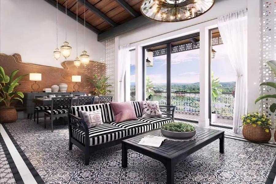 Với phòng khách theo phong cách Đông Dương nên chọn rèm màu trắng, và gam màu pastel