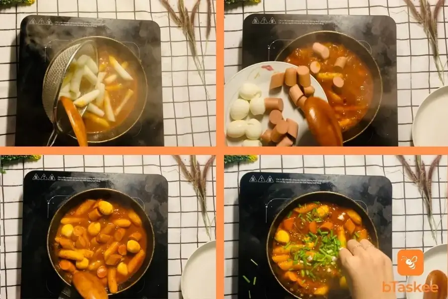 Bỏ bánh và các topping vào chảo