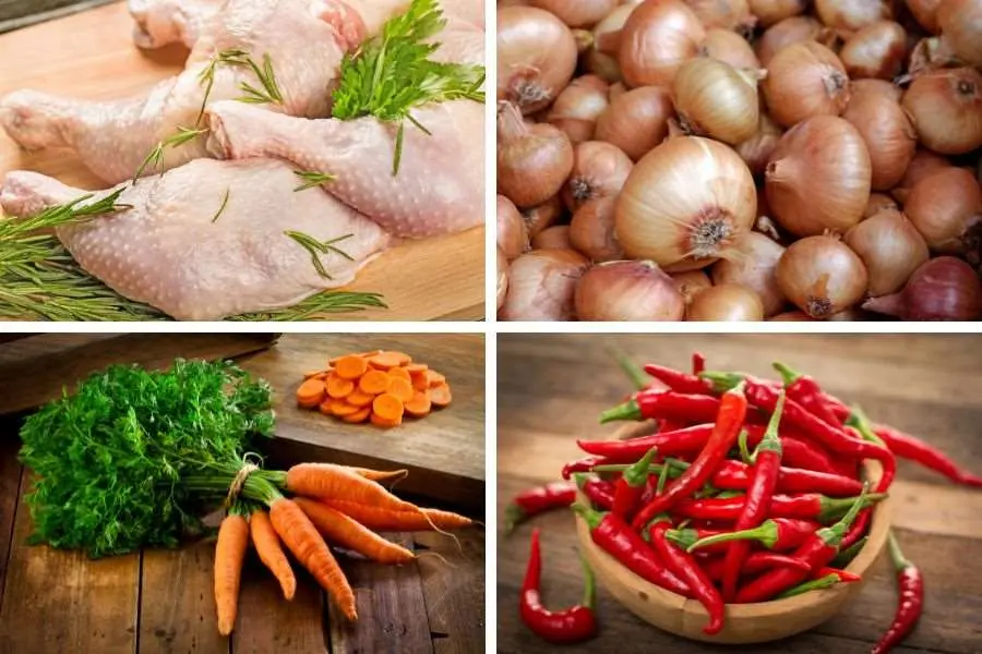 Một số nguyên liệu cần chuẩn bị làm gỏi gà xé phay.