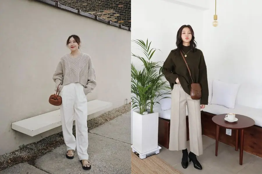 Áo len giúp giữ ấm cơ thể mix thêm quần ống rộng cá tính.