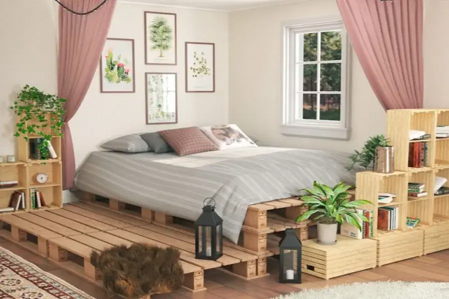 Decor phòng ngủ vintage với giường pallet