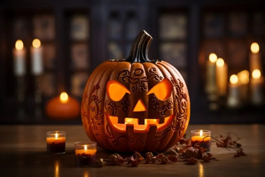 Trái bí ngô Halloween kinh dị kèm với các họa tiết độc đáo.