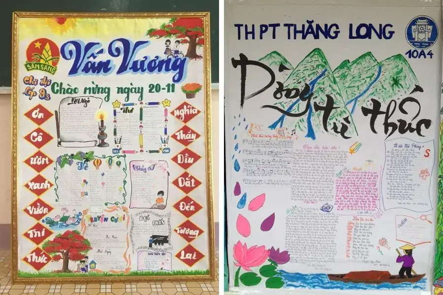 Mẫu báo tường 20 11 từ Chi đội 9/3 với những bức thư tay được hoàn thiện tỉ mỉ (trái) và tác phẩm “Dòng tri thức” đơn giản từ những bài thơ (phải). 