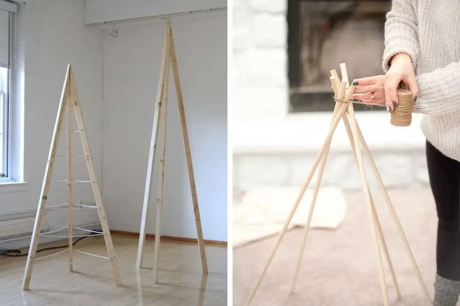 Gắn các cành cây thành hình chóp và cố định chúng bằng dây.