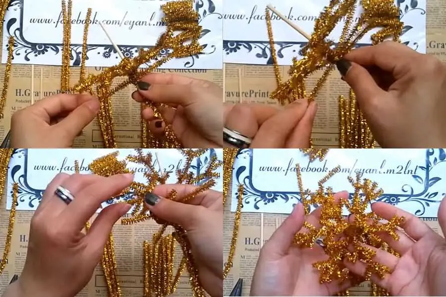 Mỗi cánh bạn dùng 2 que kẽm ngắn nhất để quấn cành thông tầng 2.