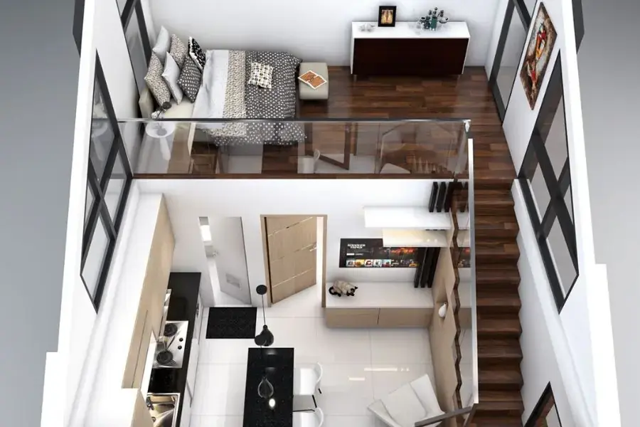 Một góc không gian ngủ của gác lửng chung cư mini