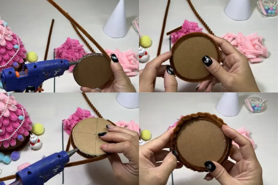 Dùng kẽm nâu cố định lại quanh đế tròn bằng keo nến.