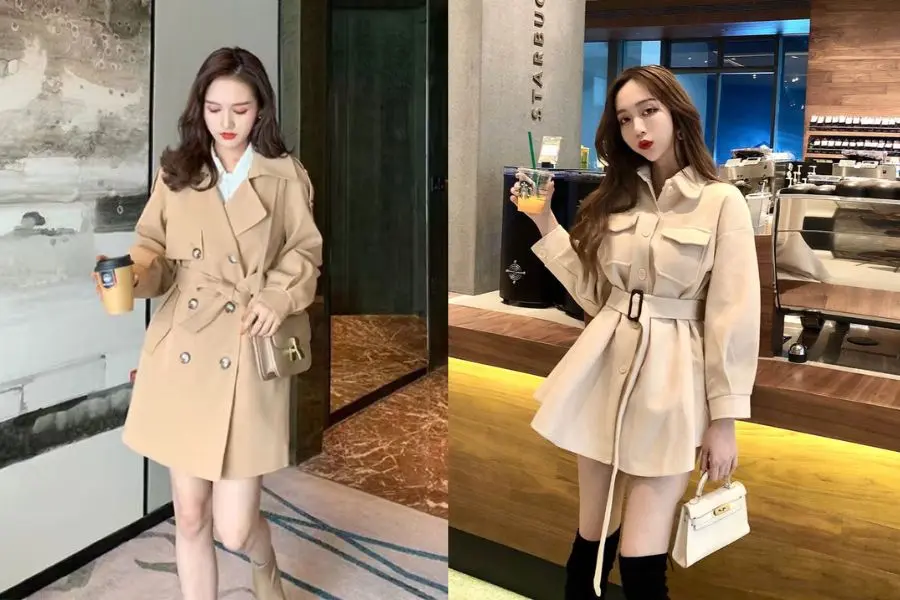 Áo măng tô mix cùng váy ngắn tôn lên phong cách trẻ trung.