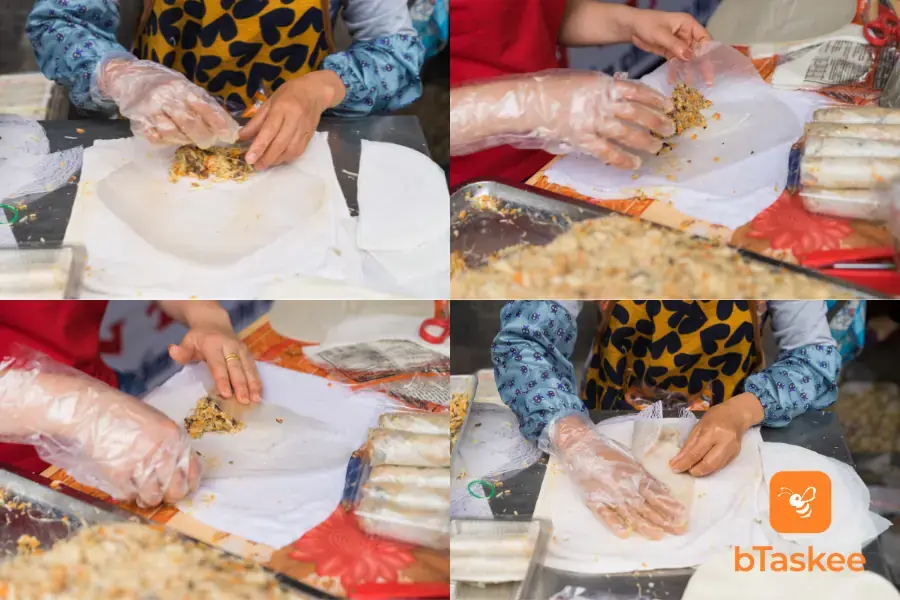 Cuộn theo thứ tự gấp trên xuống, bên trái, phải và cuộn dọc thân bánh