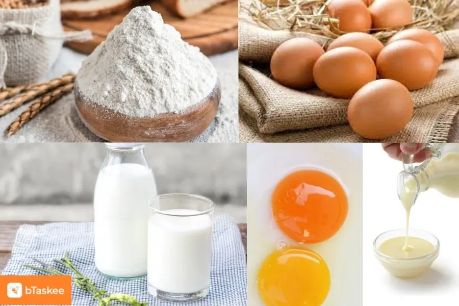 Nguyên liệu làm bánh tart trứng: trứng gà ta, lòng đỏ, sữa đặc, sữa tươi, bột mì