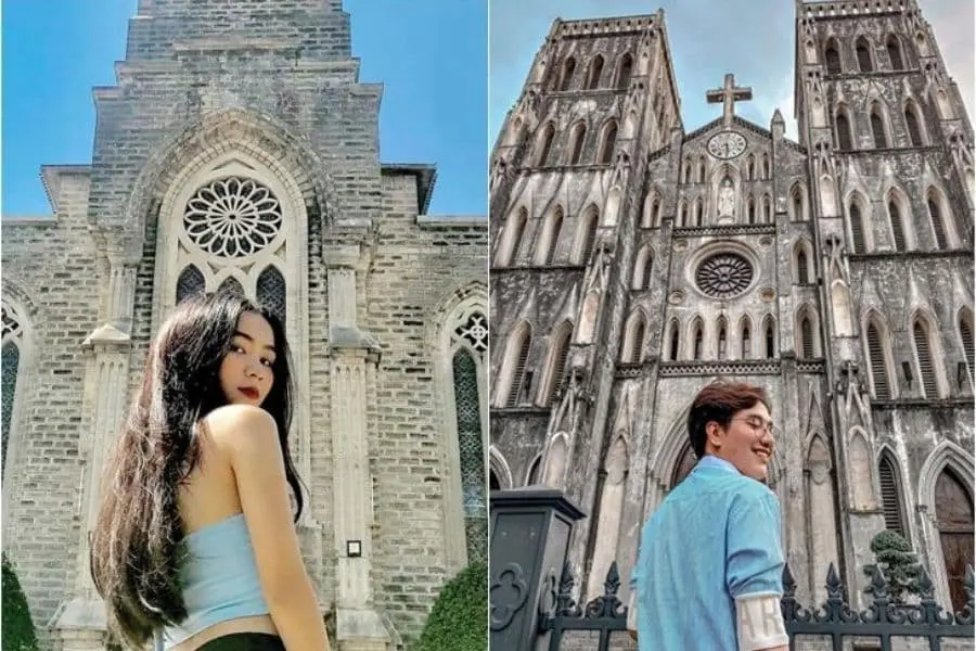 Tạo dáng chụp từ sau lưng trước nhà thờ.