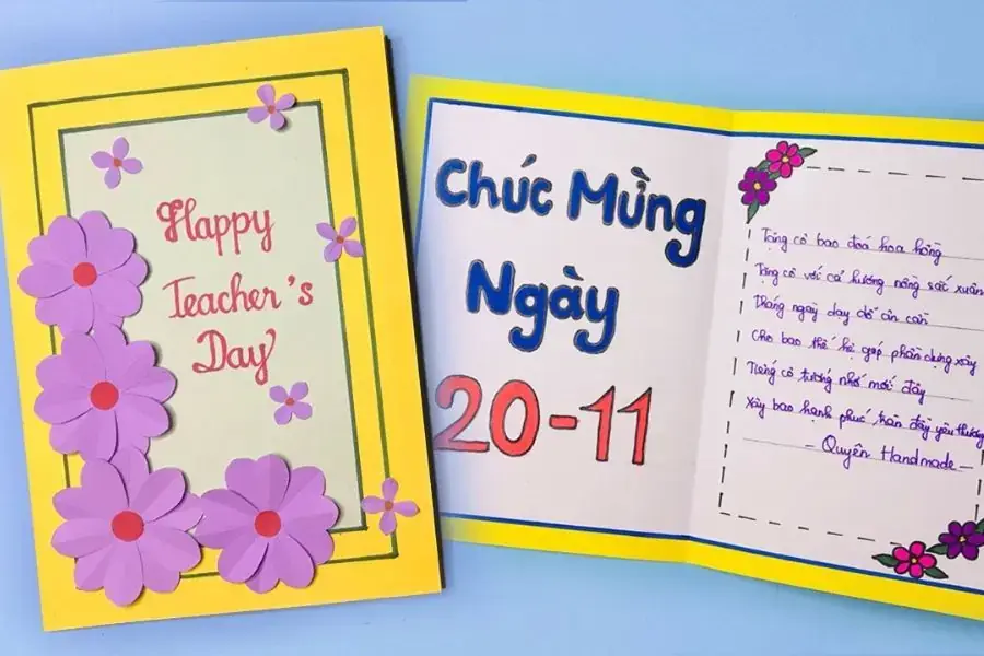 Thiệp chúc mừng ngày Nhà Giáo tone màu tím - vàng.