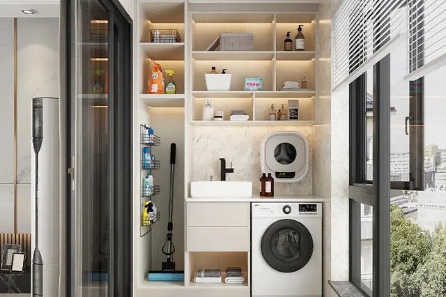 Tủ máy giặt với kệ để lưu trữ tất cả sản phẩm làm sạch cho gia đình.