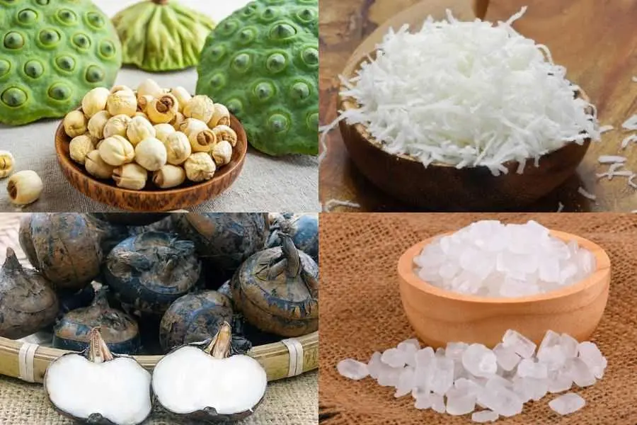 Nguyên liệu chuẩn bị cho món chè hạt sen củ năng giải nhiệt mùa hè.