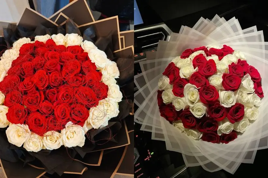 Mẫu bó hoa hồng phối màu đỏ và trắng gửi gắm tình yêu nồng nhiệt và chân thành