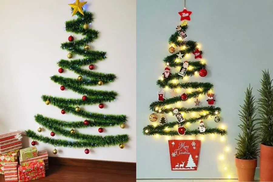 Làm cây thông Noel dán tường từ dây kim tuyến, đèn led và trái châu.