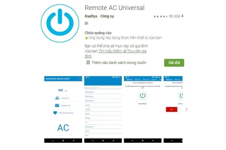 Ứng dụng Remote AC Universal sử dụng được cho tất cả điện thoại Android