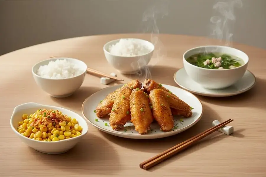 Cánh gà chiên - Bắp xào bơ - Canh rau ngót.