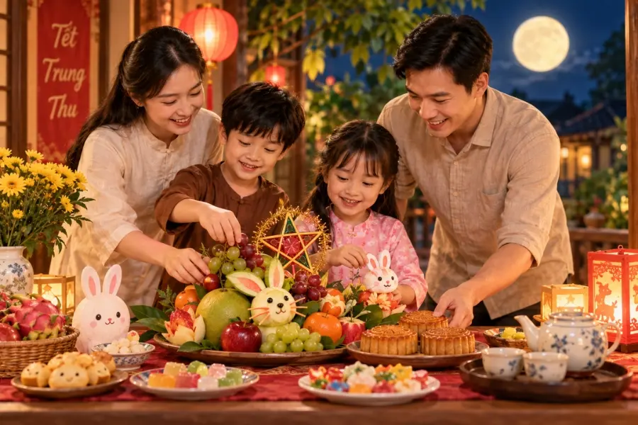 Cả nhà cùng nhau làm mâm cỗ Trung Thu.