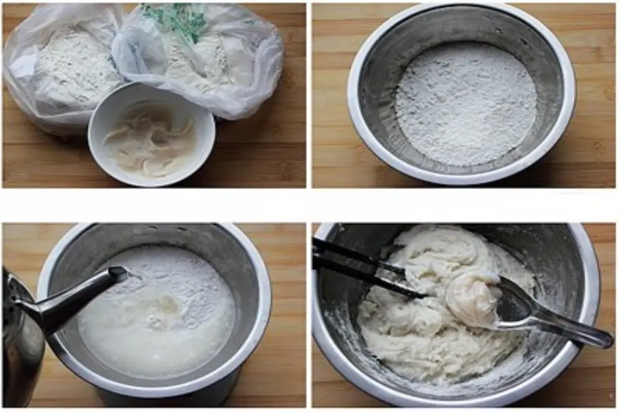 Cho hết bột và nước vào trộn đều