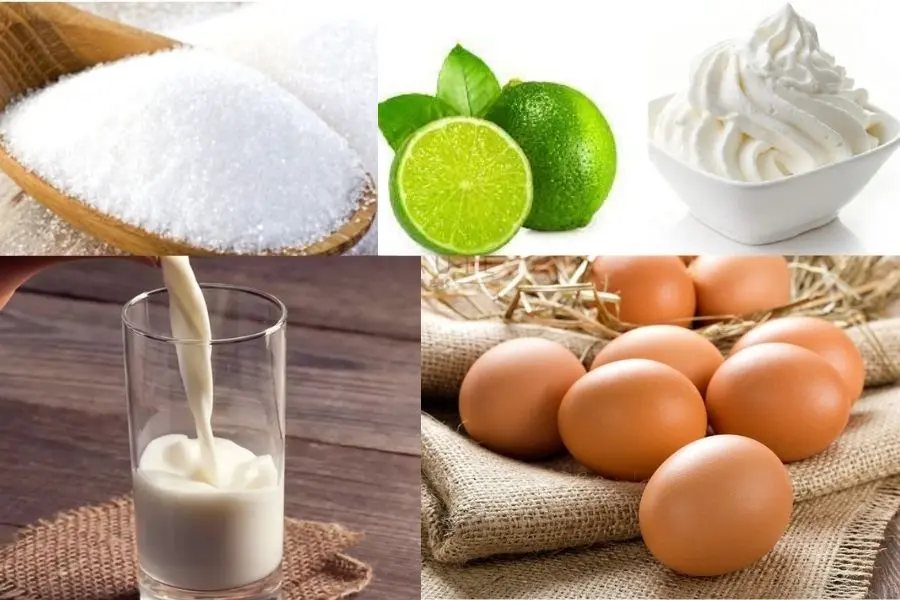 Trứng gà, sữa tươi, đường cát, wipping cream,...