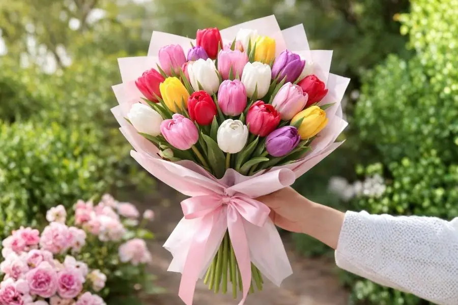 Mẫu bó hoa tulip nhiều màu dáng xòe tặng người yêu