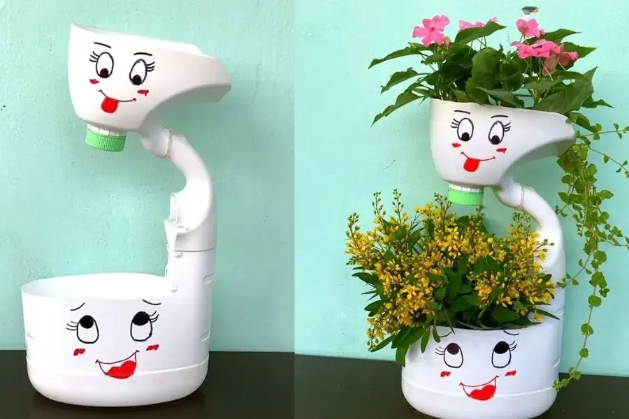Tái chế chai nhựa trồng cây thành bình hoa 2 tầng