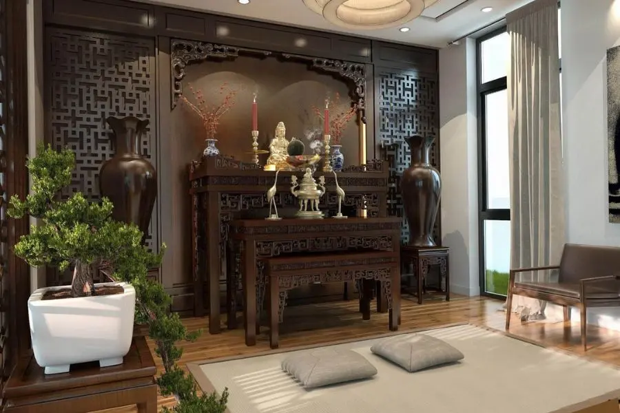 Mẫu bàn thờ 3 tầng chất liệu gỗ tự nhiên sang trọng.