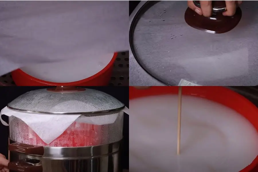 Sau khi đổ hết bột vào thì đặt một miếng giấy hoặc khăn sạch lót lên mặt nồi.