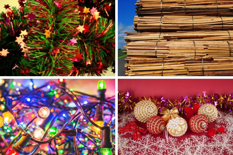 Dụng cụ trang trí cây thông noel từ gậy gỗ và dây kim tuyến.