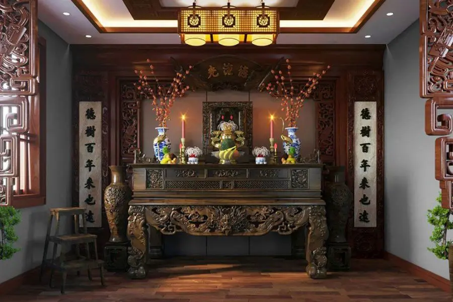 Không gian thờ cúng trang nghiêm, linh thiêng.