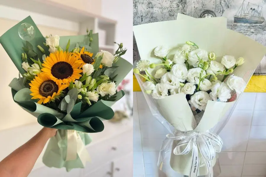 Mẫu bó hoa hướng dương và cát tường tặng đồng nghiệp