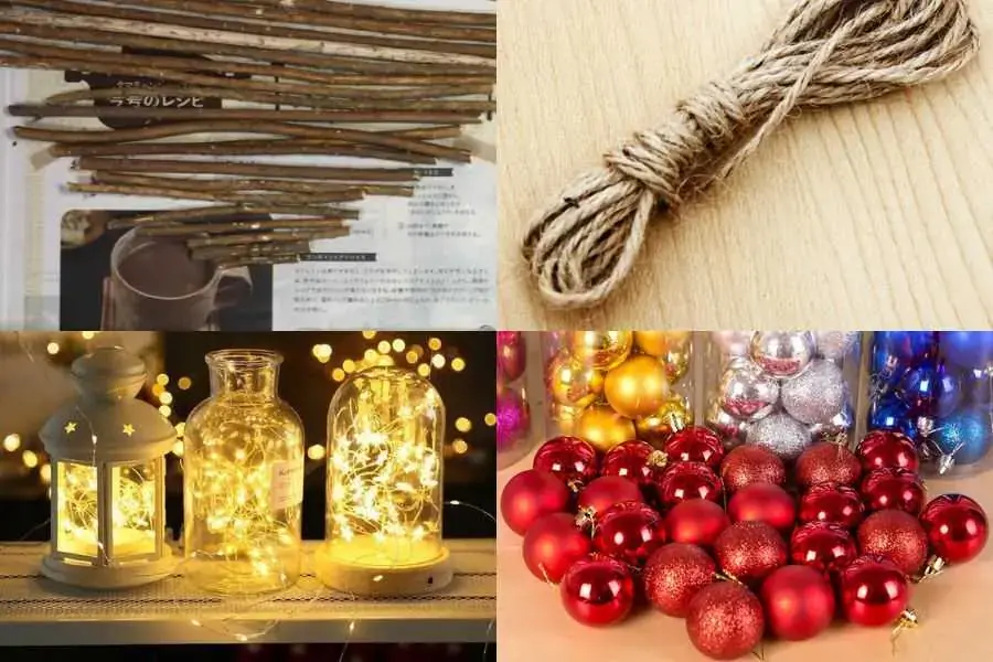 Nguyên vật liệu làm cây thông Noel bằng cành cây khô.