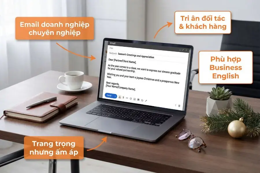Chúc Giáng Sinh tiếng Anh cho khách hàng cần tông giọng chuyên nghiệp & biết ơn.
