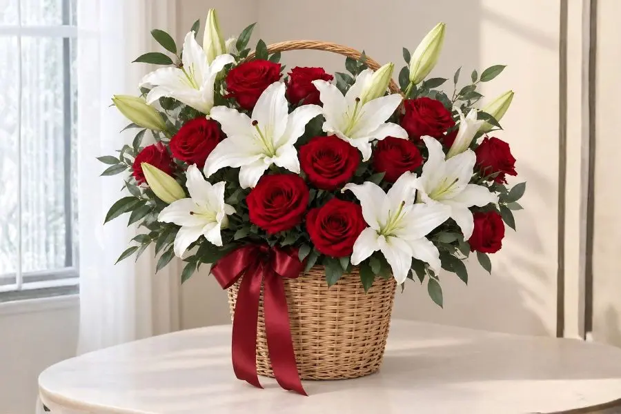 Mẫu giỏ hoa ly và hoa hồng tặng mẹ