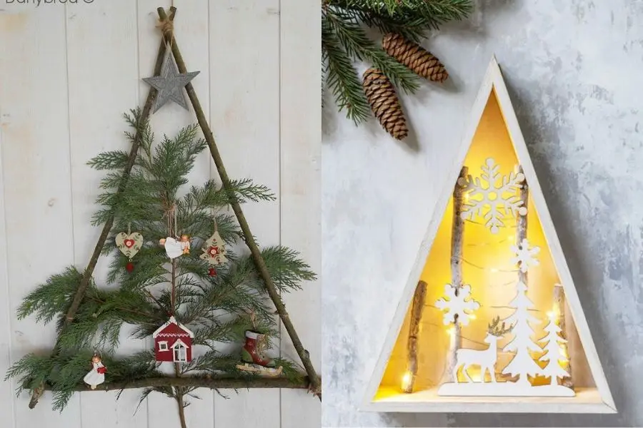 Cây thông Noel dán tường từ khung gỗ khô và lá cây thông khô.