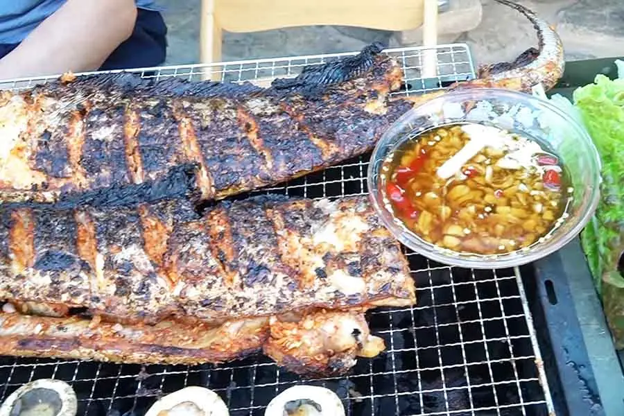 Cá hô nướng xong, rưới mỡ hành lên rồi chấm với nước mắm chua ngọt sẽ càng dậy mùi hương vị.