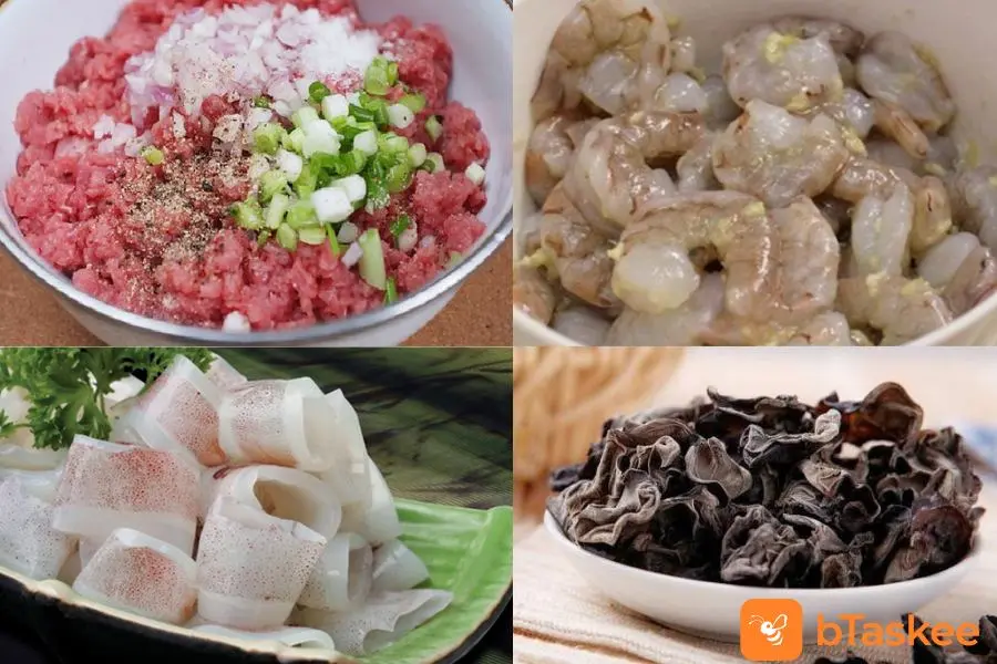 Sơ chế các nguyên liệu làm bánh khọt.