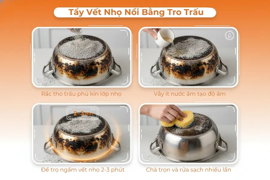 Sử dụng tro được tạo ra từ trấu để tẩy vết nhọ nồi.