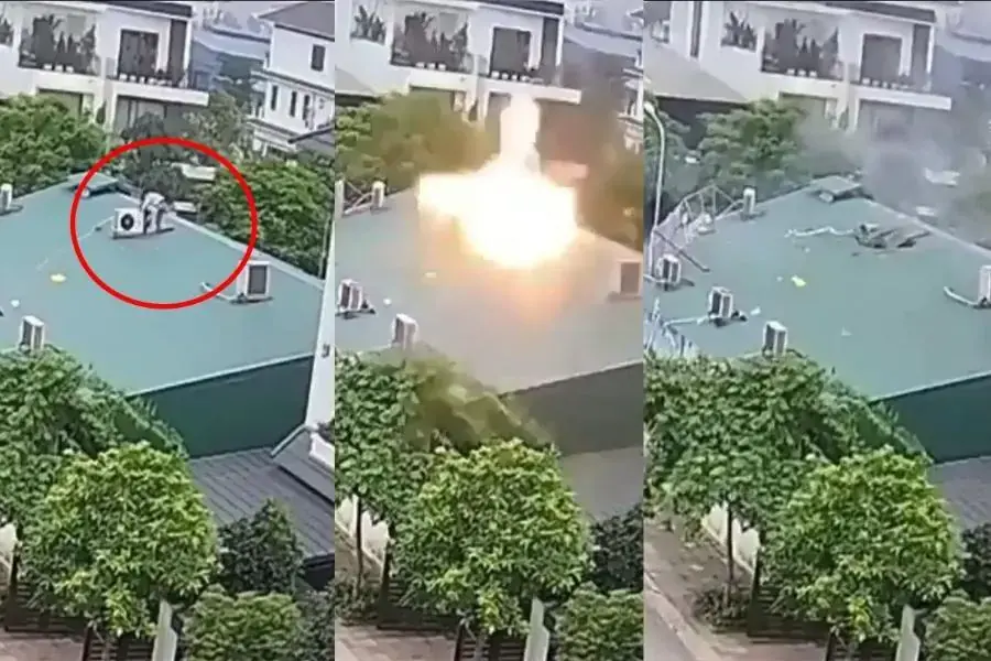 Hình ảnh vụ nổ cục nóng điều hòa tại Vĩnh Phúc được ghi lại từ camera nhà dân