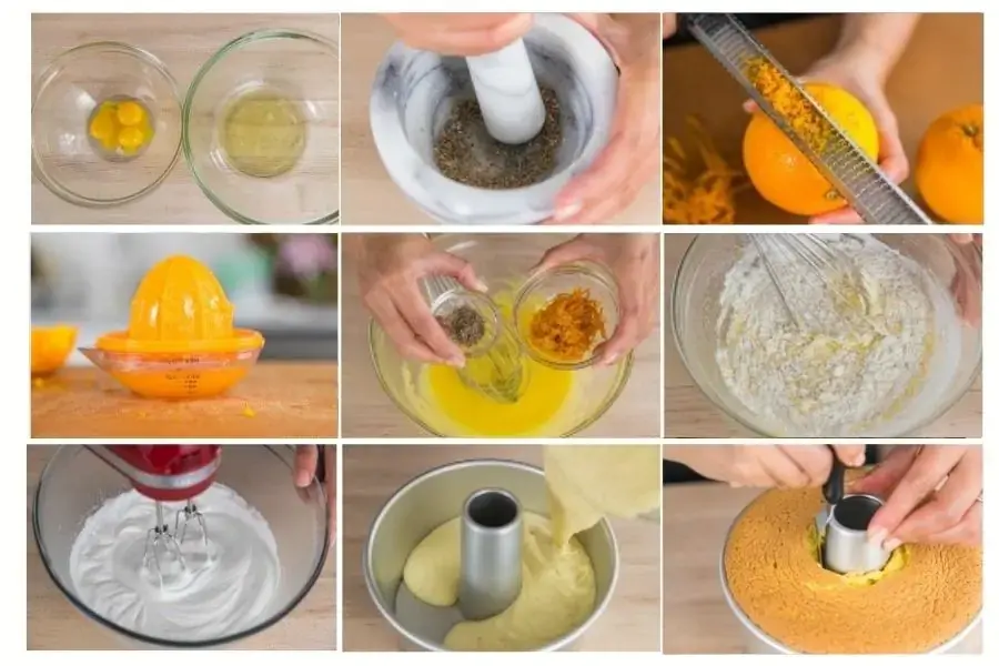 Các bước làm bánh được thực hiện từ trái sang phải