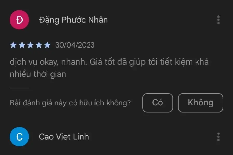 Đánh giá của khách hàng Đặng Phước Nhân về dịch vụ của bTaskee.