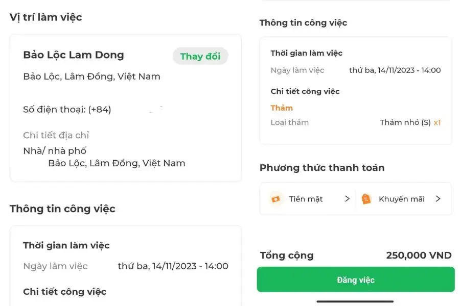 Xác nhận lại thông tin, phương thức thanh toán và nhấn Đăng việc.