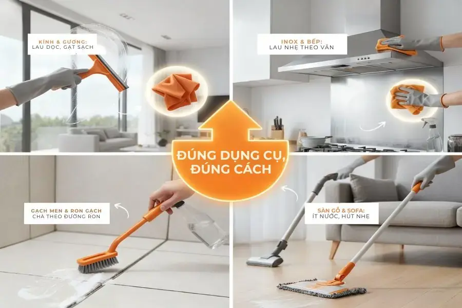 Lựa chọn dụng cụ theo bề mặt và vết bẩn.
