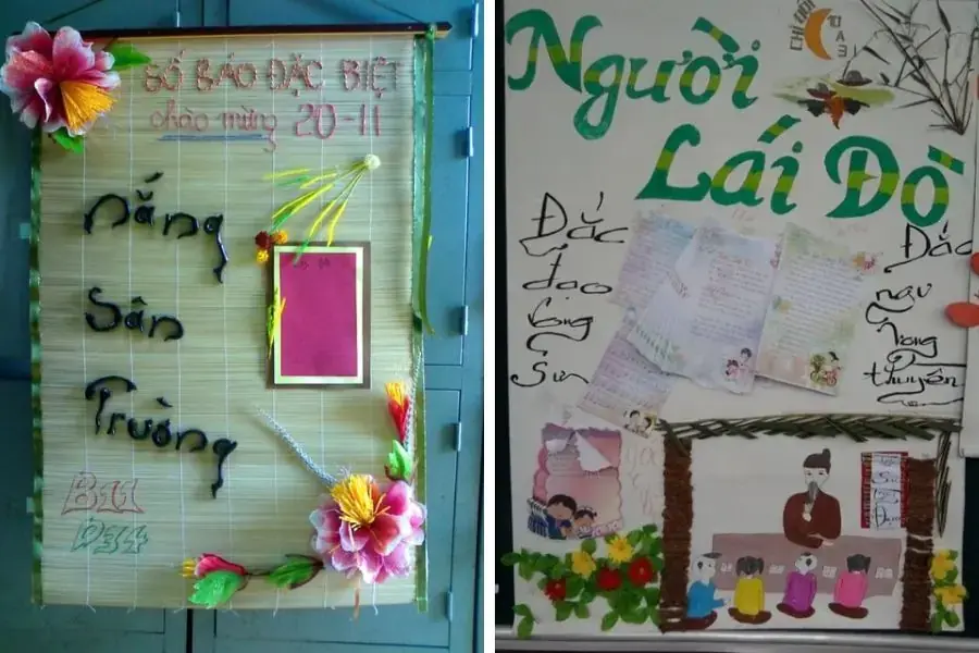 Mẫu báo tường chủ đề “Nắng sân trường” làm từ tăm tre đậm chất Việt Nam bởi Chi đoàn B11-D34 (trái) và tác phẩm “Người lái đò” với những hình ảnh thân thuộc (phải). 