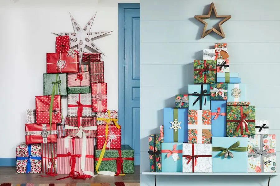 Mẫu cây thông Noel xếp chồng từ những hộp quà tặng xinh xắn.