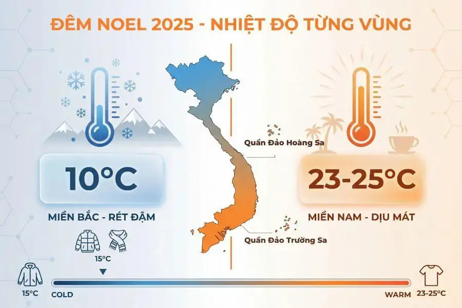 Miền Bắc dự báo đón đợt rét đậm đặc trưng, trong khi miền Nam tận hưởng tiết trời se lạnh dễ chịu dịp Giáng sinh.