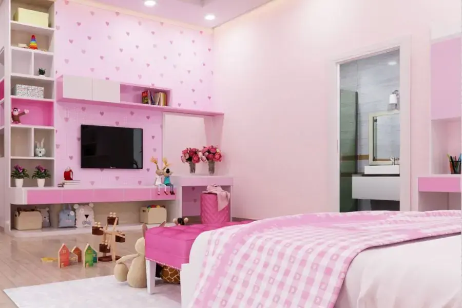 Phòng ngủ dành cho bé diện tích 16m2 có nhà vệ sinh với tone hồng xinh xắn