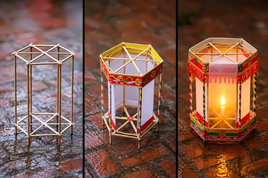 Đèn kéo quân được tạo từ khung giấy, cánh quạt và trục quay, sau đó trang trí và lắp đèn LED bên trong.